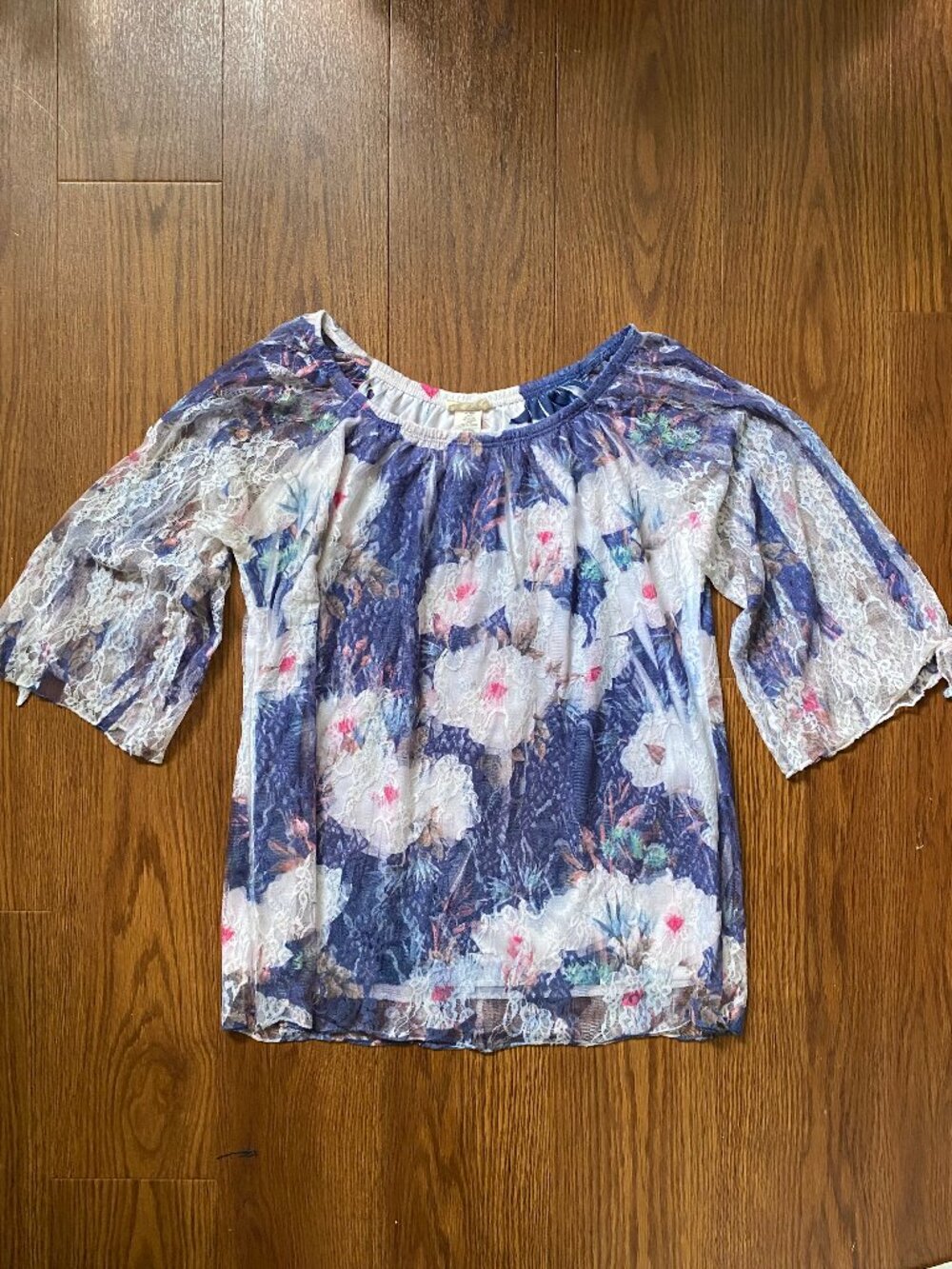 🌸 Brittany Black Navy White Floral Lace Overlay Peasant Blouse - Medium M